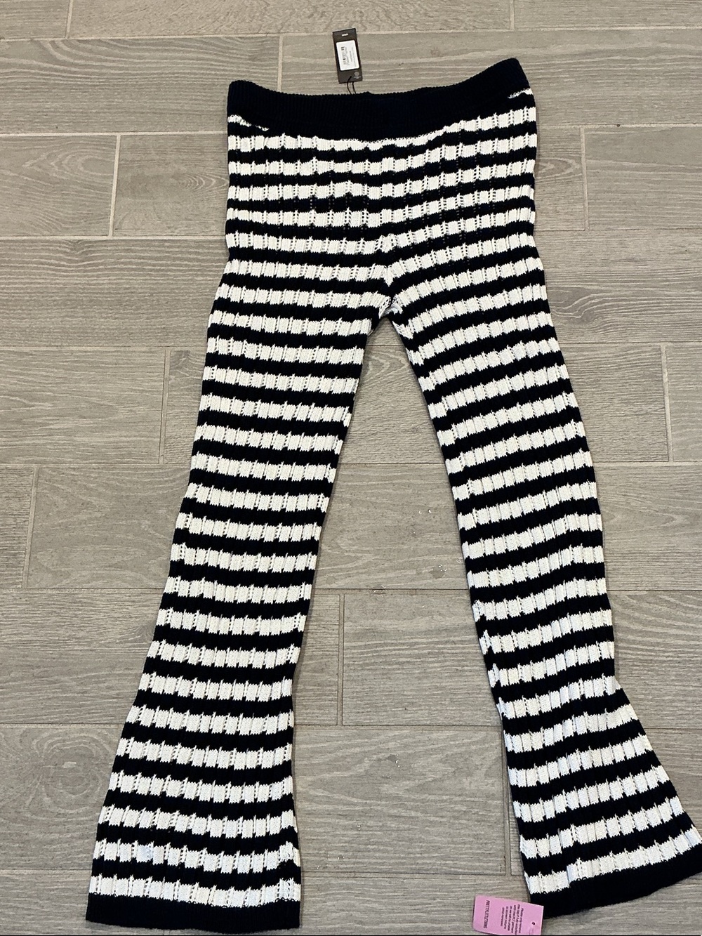 PrettyLittleThing Blue and White Striped Knit Flared Track Pants